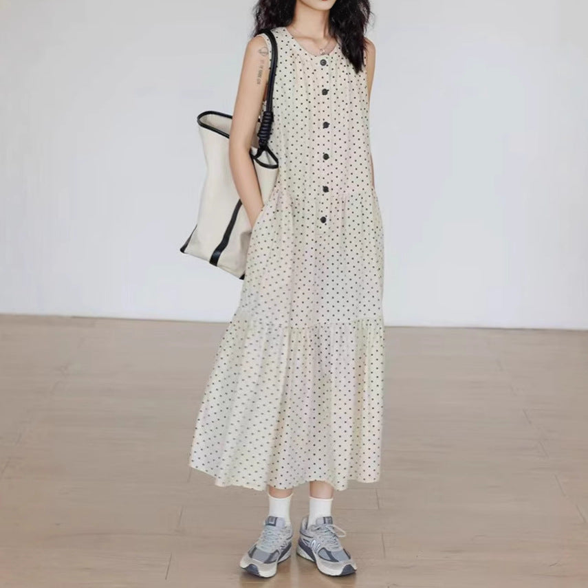 【ワンピース】ノースリーブ ワンピース レディース 夏 ドット柄 Aライン ロングワンピース ゆったり リゾート カジュアル【JZシリーズ】