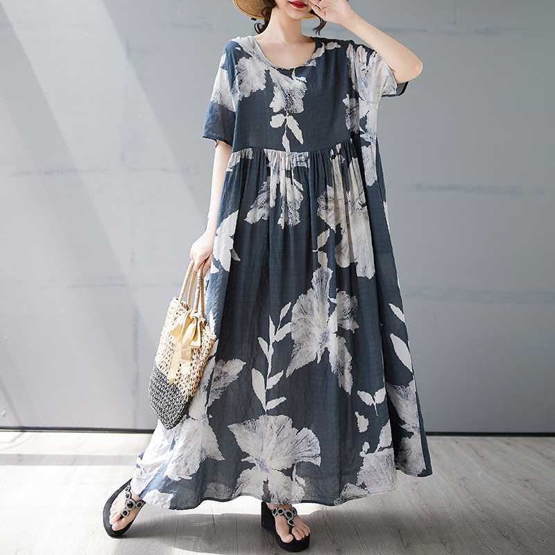 【ワンピース】夏 プリント 花柄 ゆるリラックス ラウンドネック 半袖 ワンピース 【SHシリーズ】