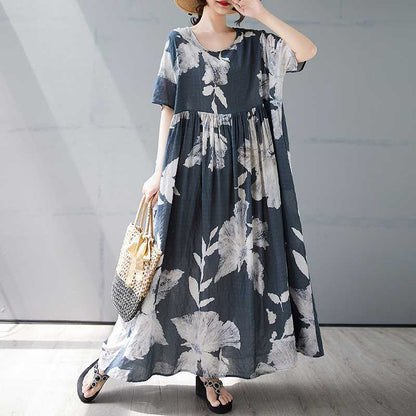 【ワンピース】夏 プリント 花柄 ゆるリラックス ラウンドネック 半袖 ワンピース 【SHシリーズ】