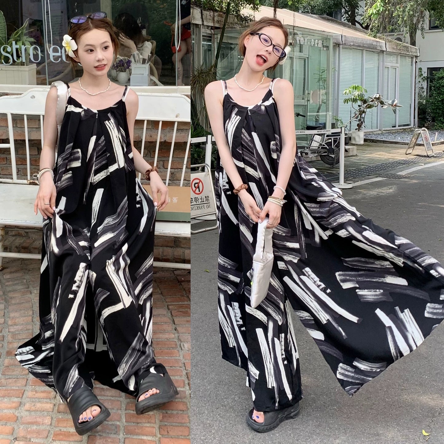 【ボトムス】夏新作 レトロ感漂う オーバーサイズ アートプリント キャミサロペット オールインワン【SHシリーズ】