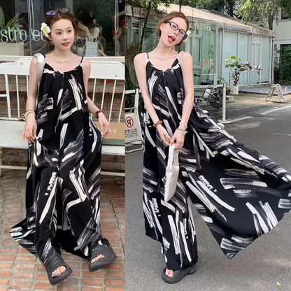 【ボトムス】夏新作 レトロ感漂う オーバーサイズ アートプリント キャミサロペット オールインワン【SHシリーズ】