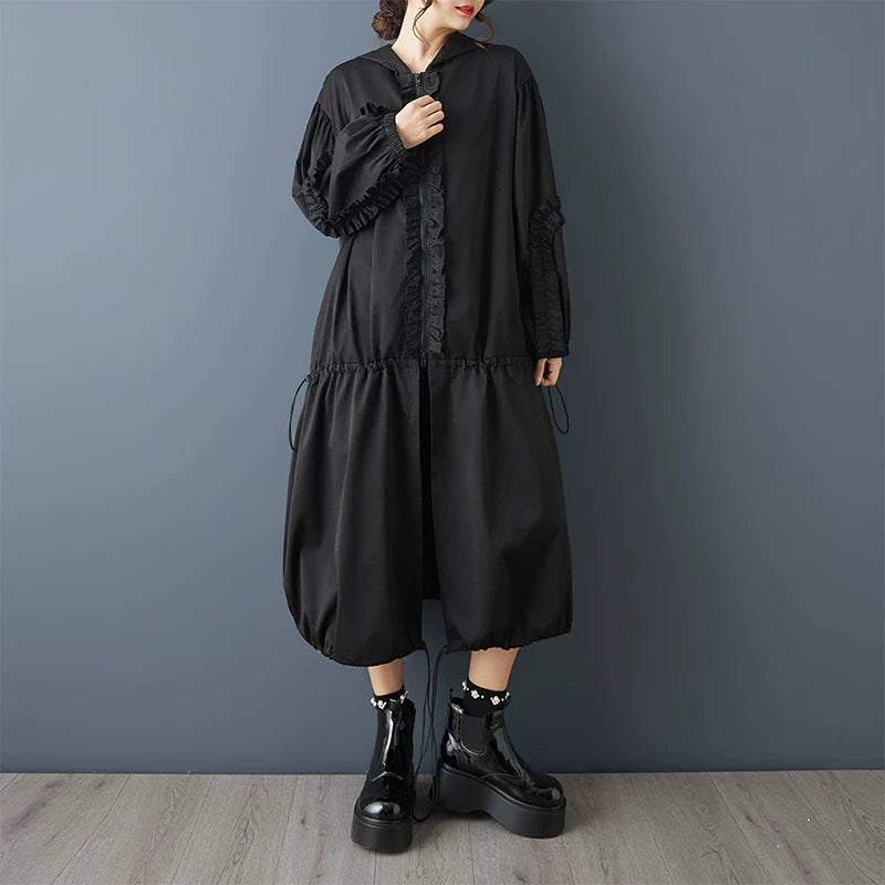 【アウター】春秋新作 フード付き 長袖 トレンチコート ゆったり 大きいサイズ 無地 ロング丈【AHシリーズ】