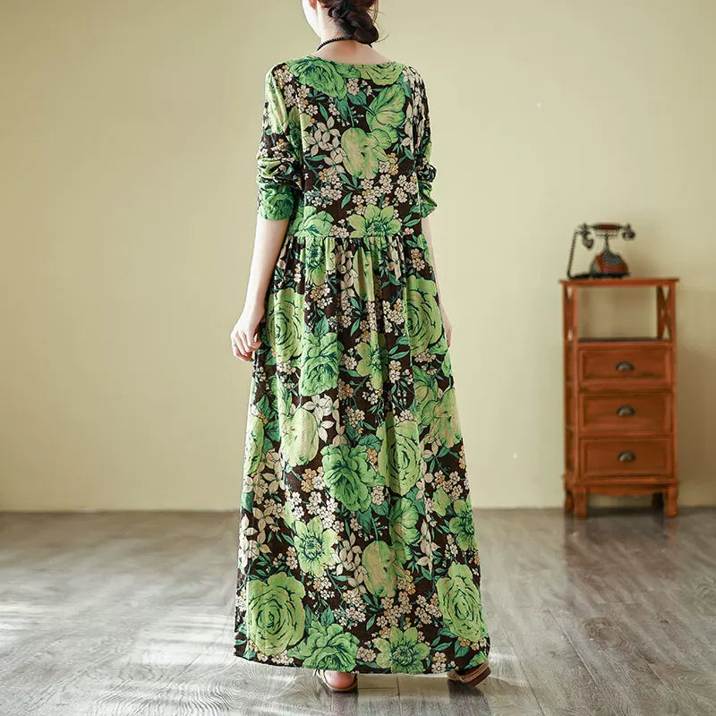 【ワンピース】花柄 気質アップ レディース 長袖ワンピース リゾート風 旅行用 丸首 ヴィンテージ風 レス【SHシリーズ】