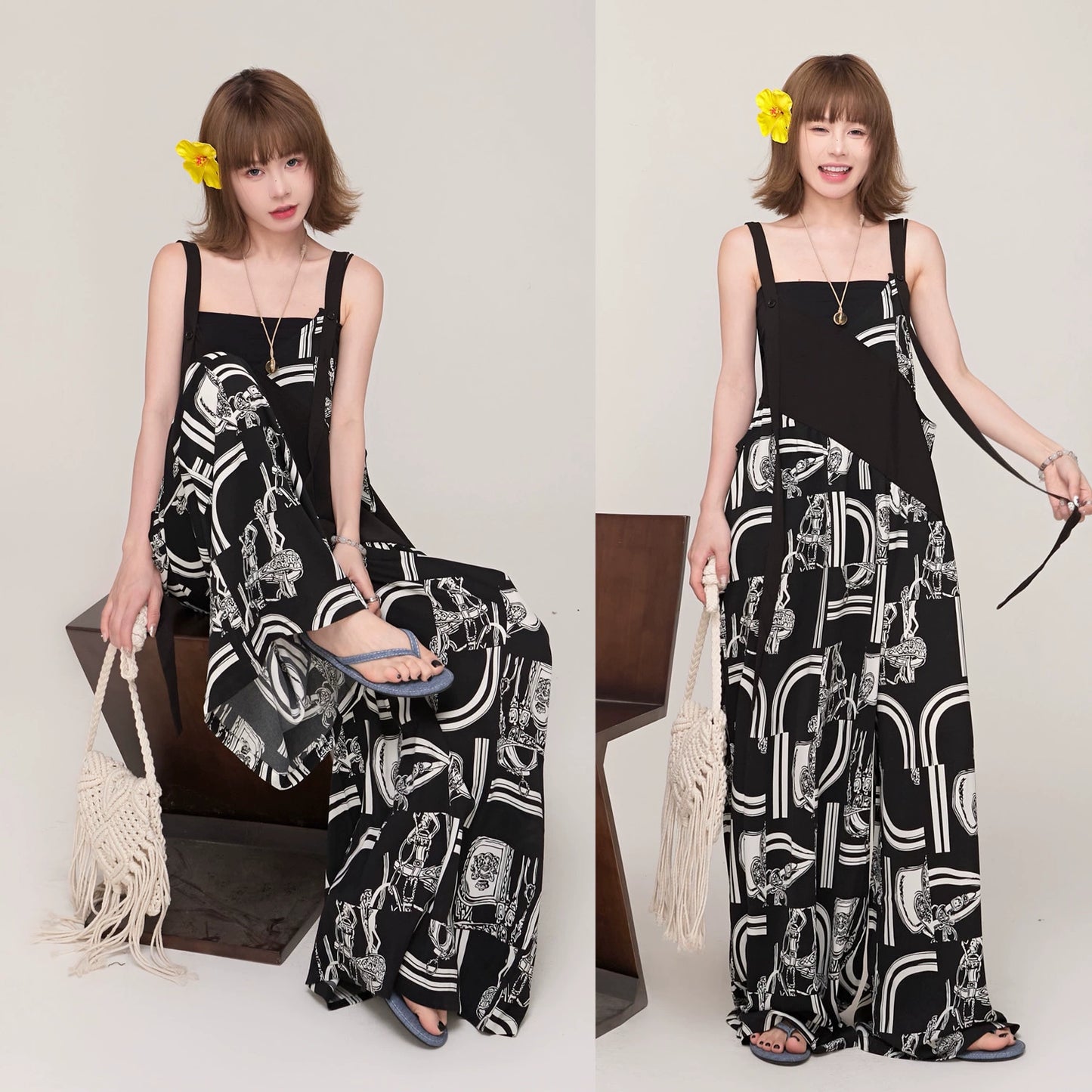 【ボトムス】ミュージックムード漂う Vネックサロペット ゆったりオーバーサイズ 春夏新作 ワイドパンツオールインワン【SHシリーズ】