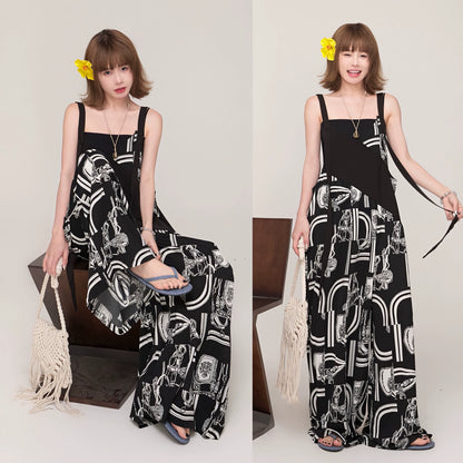 【ボトムス】ミュージックムード漂う Vネックサロペット ゆったりオーバーサイズ 春夏新作 ワイドパンツオールインワン【SHシリーズ】