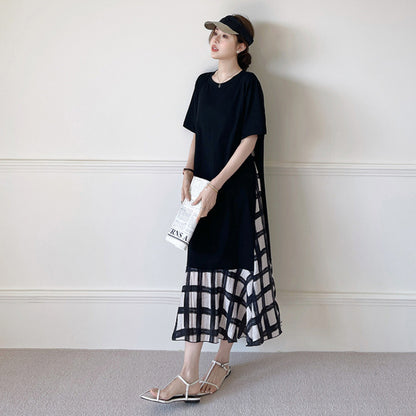 【ワンピース】☀️夏 新作 大きいサイズ レディース チェック柄 重ね着風 半袖ワンピース ゆったり 体型カバー【SHシリーズ】