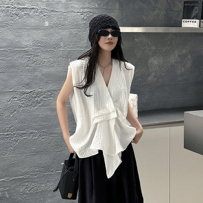 【トップス】レトロ風 シワ加工ベスト レディース 春夏 アシンメトリーデザイン ノースリーブブラウス ゆったり【AHシリーズ】