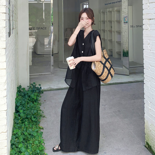 2点セット！【セットアップ】夏 韓国風 通勤 ブラックメッシュ切替 ベスト＋ワイドパンツ 上下セット【JZシリーズ】【SNシリーズ】