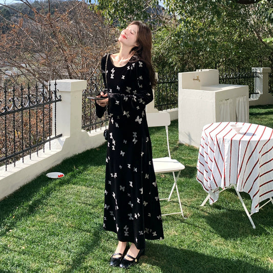 【ワンピース】バタフライプリント ベルベット 長袖ワンピース エレガントくるぶし丈 ロングドレス【SHシリーズ】