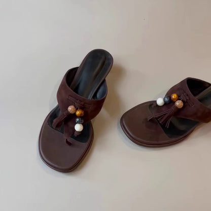 【シューズ】ヴィンテージ風 ビーズフリンジ トングサンダル 外履き リゾートローマ風