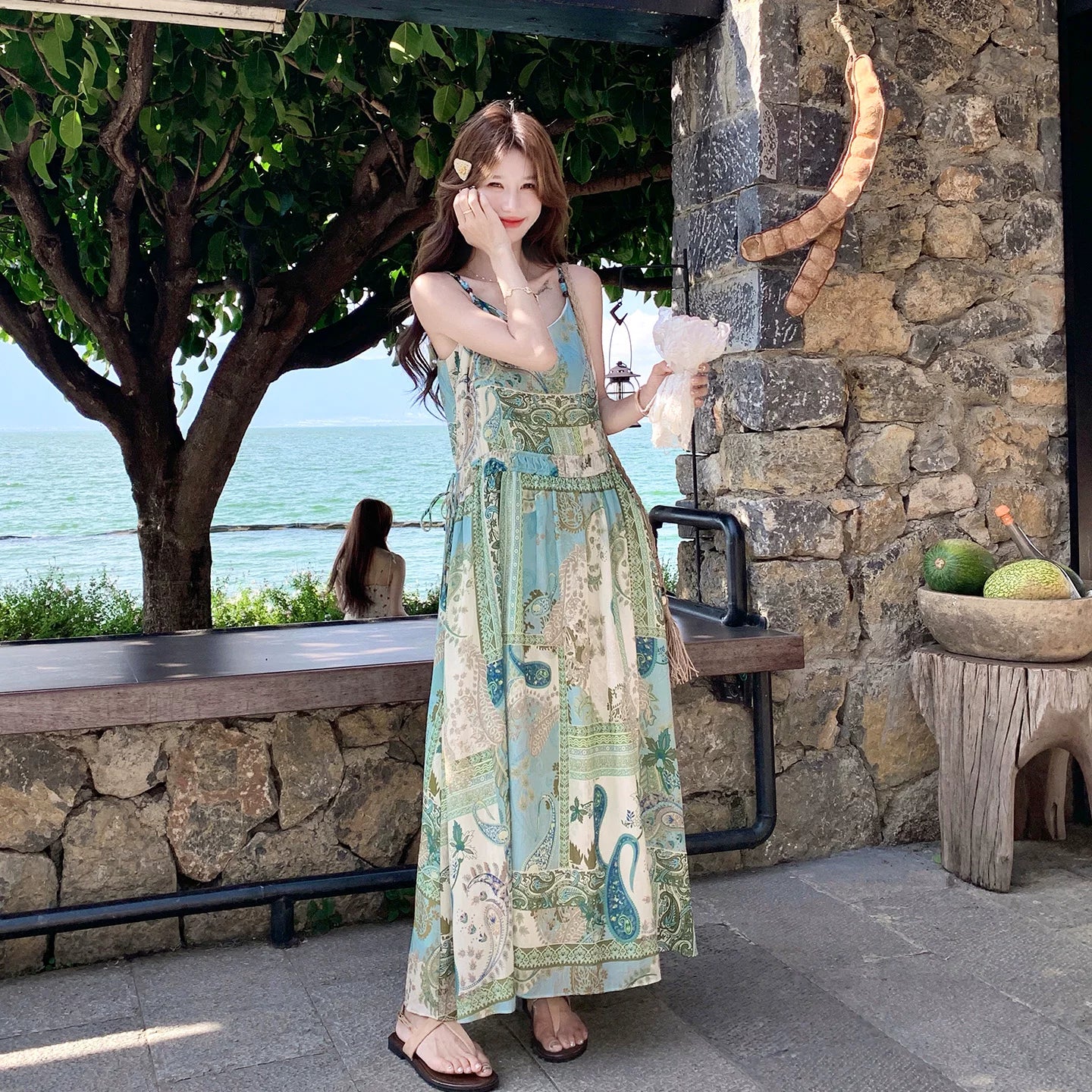 【ワンピース】リゾート風 タイダイ柄ワンピース レディース 夏 グリーン ノースリーブ キャミワンピ エスニックデザイン【SHシリーズ】