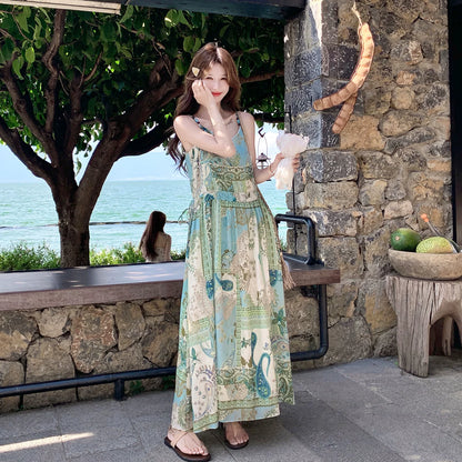 【ワンピース】リゾート風 タイダイ柄ワンピース レディース 夏 グリーン ノースリーブ キャミワンピ エスニックデザイン【SHシリーズ】