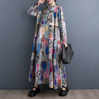 【ワンピース】春 秋 冬 プリント ルーズ ミディ丈 ワンピース 【SHシリーズ】