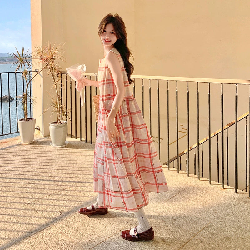 【ワンピース】フレンチヴィンテージ チェック柄 ノースリーブキャミソールワンピース 夏 文芸的な リゾート風【SHシリーズ】