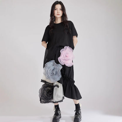 【ボトムス】春 秋 夏 ふんわり 不規則 切り替え 大きなローズ スカート 【AHシリーズ】