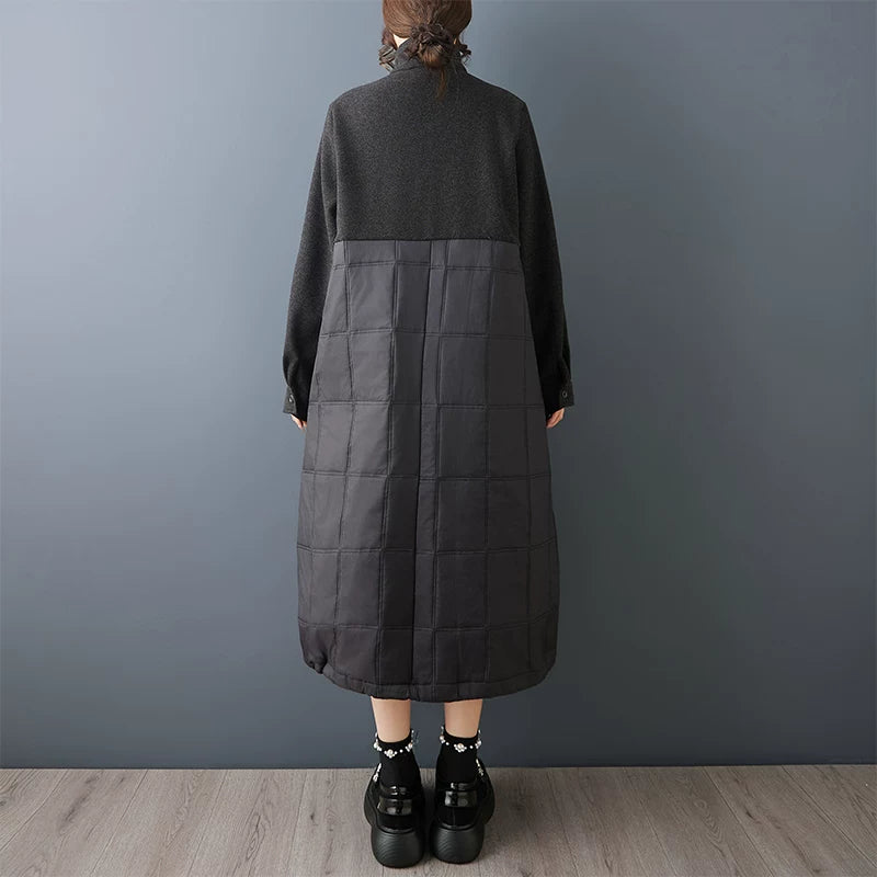 【ワンピース】ダークモード 長袖ワンピース 高級感 切替 中綿入り チェック柄 ミディ丈 レディース 秋冬 ロングドレス【AHシリーズ】