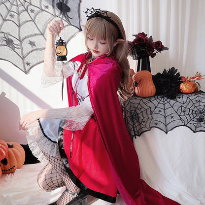 【ハロウィン】大人用赤ずきんコスプレ・ワンピース・マント付き・メイド風・赤いロングドレス