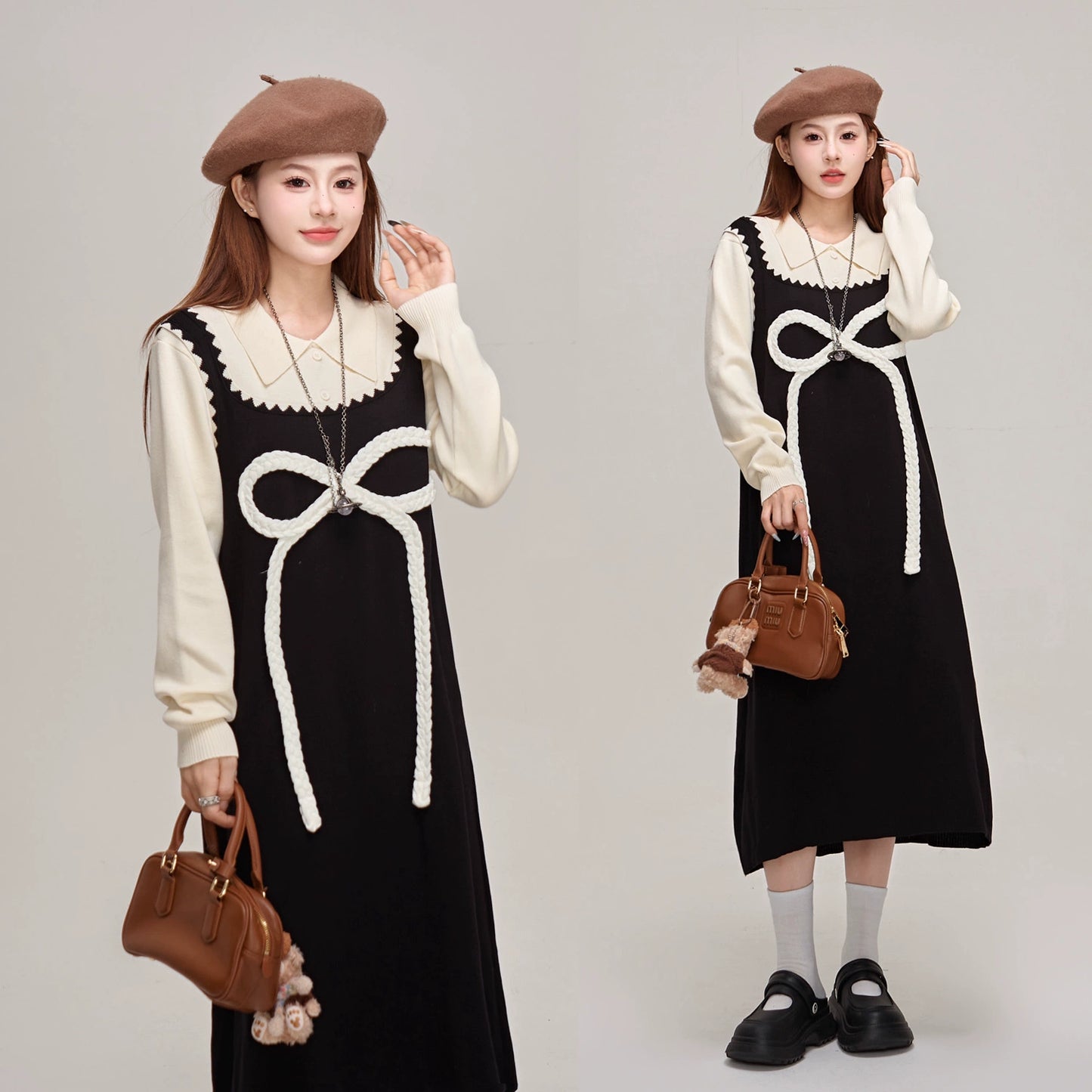 【ワンピース】蝶結びデザイン🎀 ツーピース風ニットワンピ 冬 レディース 上品＆高見え 長袖ワンピース【JZシリーズ】