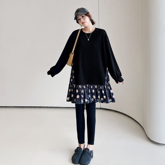 【ワンピース】秋冬新作 大きいサイズ ドット柄 ベロア切り替え ミディアム丈 長袖スウェットワンピース【JZシリーズ】