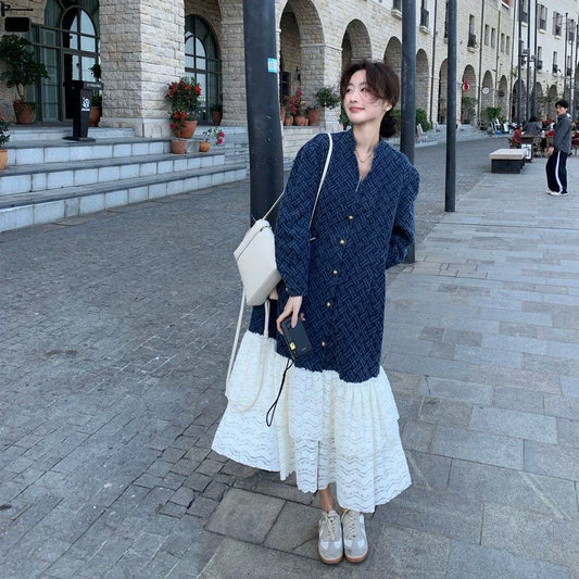 【ワンピース】シャネル風 切り替えし レース 合わせやすい 長袖ワンピース【JZシリーズ】