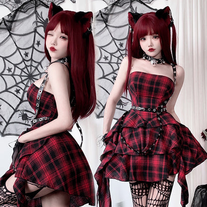 【ハロウィン】ゴシック ロリータ ドレス レディース ヤンキー系 Y2K チェック レース 甘辛ミックス ステージ衣装