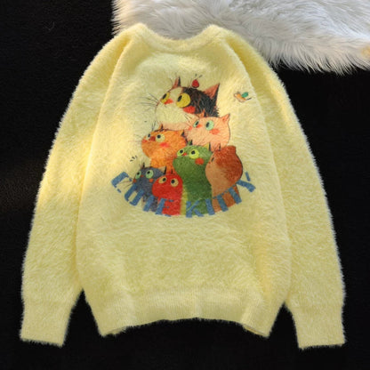 【トップス】ゆったり 小众 上品 クルーネック フェイクミンクニット レディース 猫 ニットセーター