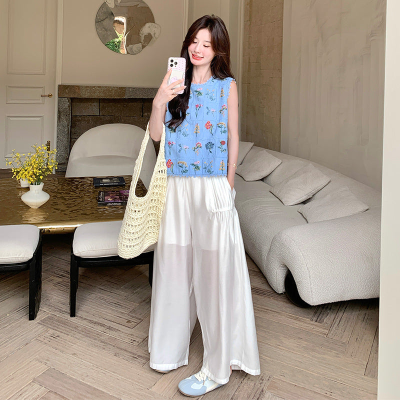 2点セット！【セットアップ】フレンチレトロ 重厚感フラワー刺繍 ノースリーブブラウス＋ワイドパンツ 上下セット【SHシリーズ】