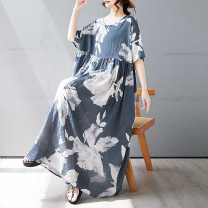 【ワンピース】夏 プリント 花柄 ゆるリラックス ラウンドネック 半袖 ワンピース 【SHシリーズ】