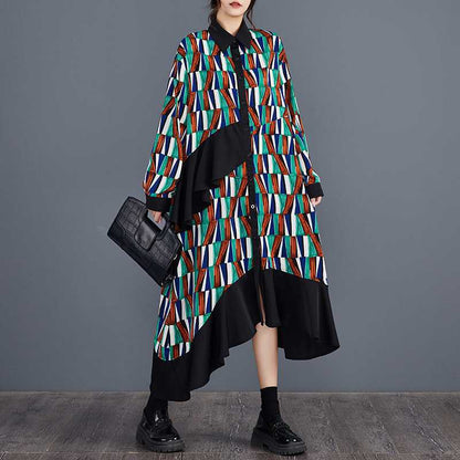 【ワンピース】大きいサイズ プリント 切替 長袖 シャツワンピース 春秋 体型カバー【SHシリーズ】