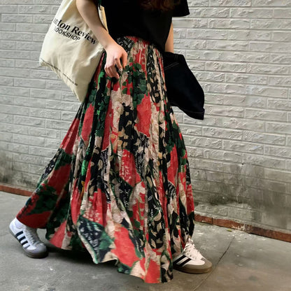 【ボトムス】レトロ柄 プリーツロングスカート レディース ハイウエスト フレアスカート 上品 ナチュラル おしゃれ デザインスカート【SHシリーズ】