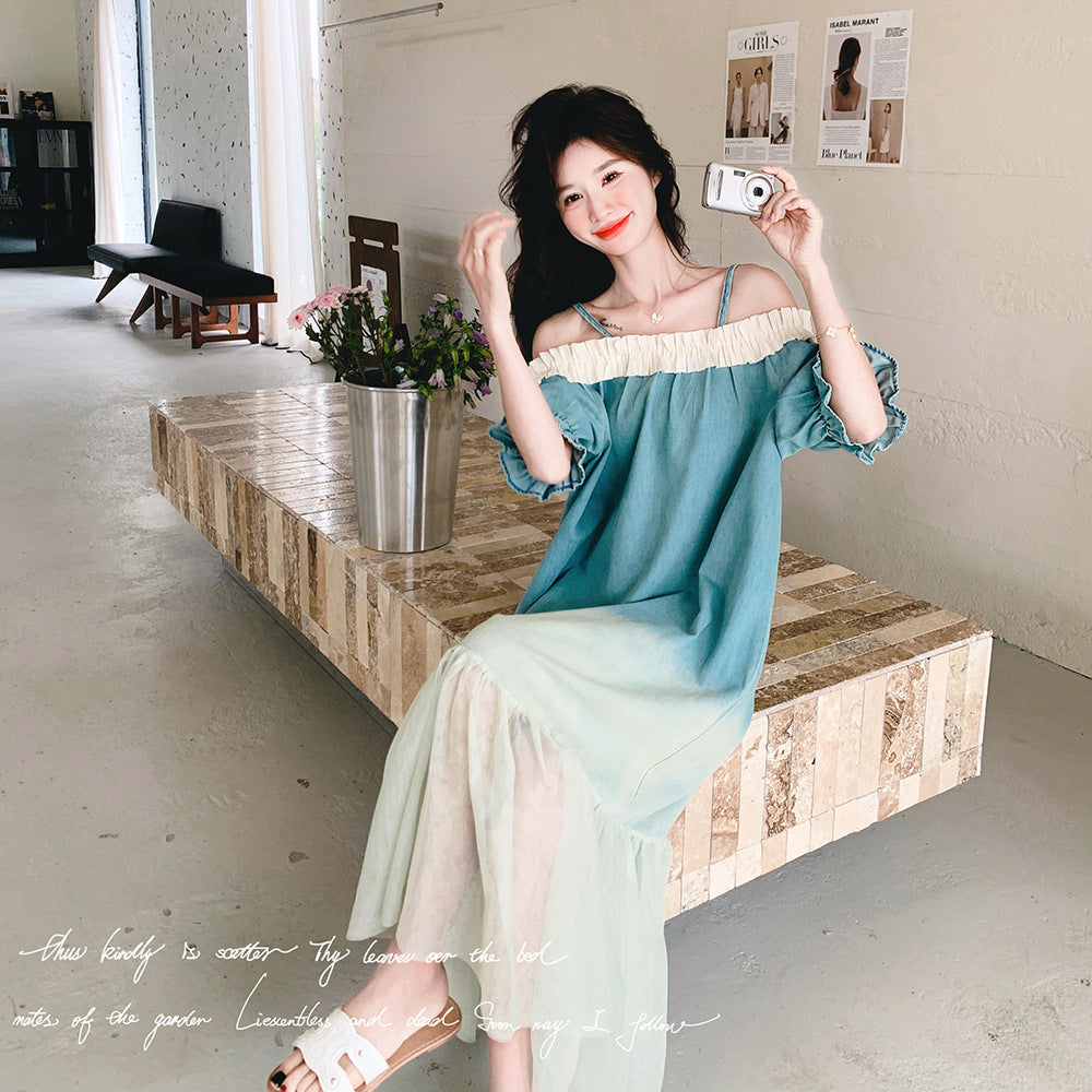 【ワンピース】夏 フレンチ温柔風 スウィート オフショルダーグラデーション 半袖ワンピース【SHシリーズ】