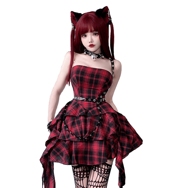 【ハロウィン】ゴシック ロリータ ドレス レディース ヤンキー系 Y2K チェック レース 甘辛ミックス ステージ衣装