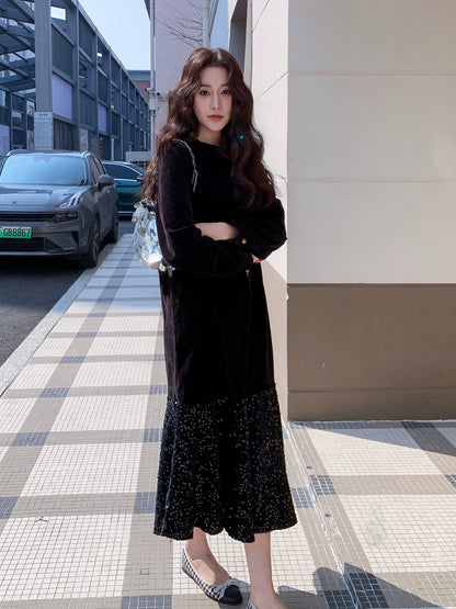 【ワンピース】オードリー風 ベロア 春 秋 冬 スパンコール 長袖 ワンピース【JZシリーズ】