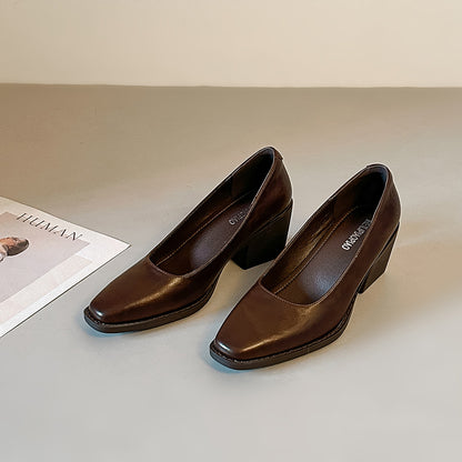 【シューズ】新作 シンプル 太ヒール ソフトレザー 7cm ハイヒール レディース スクエアトゥ 気品あふれる 通勤用 靴 パンプス
