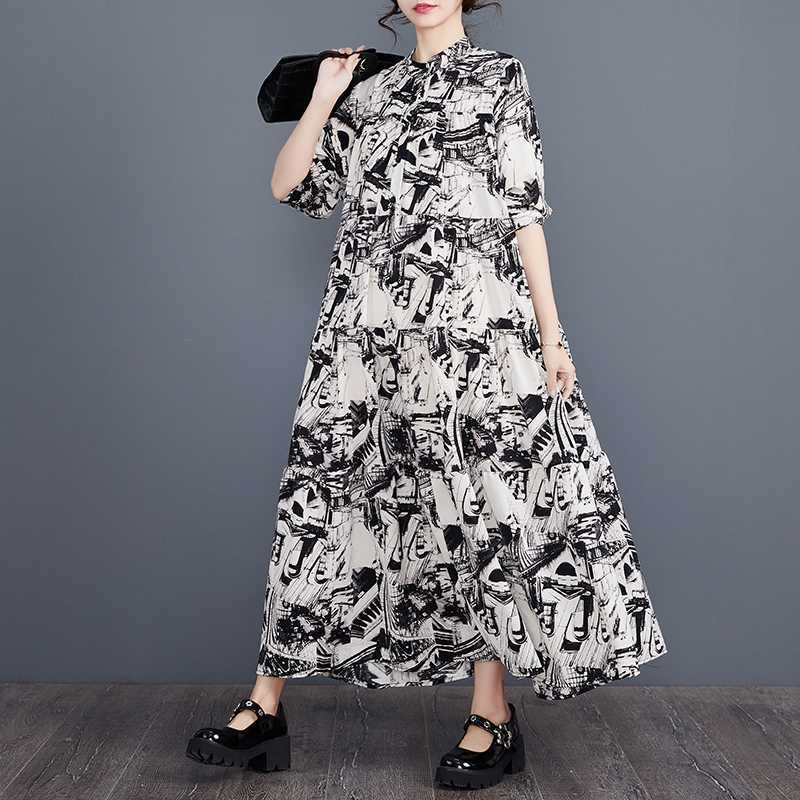 【ワンピース】春新作 大きいサイズ プリント 切替 ティアード長袖ワンピース ゆったり トレンド 花柄【SHシリーズ】