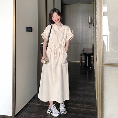 【ワンピース】韓国風ワンピース 夏 気質 ハイウエスト 半袖 ワーク風 ロングワンピース【JZシリーズ】