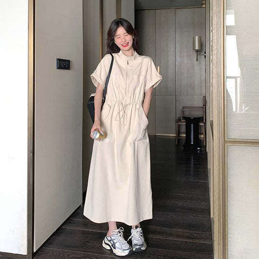 【ワンピース】韓国風ワンピース 夏 気質 ハイウエスト 半袖 ワーク風 ロングワンピース【JZシリーズ】