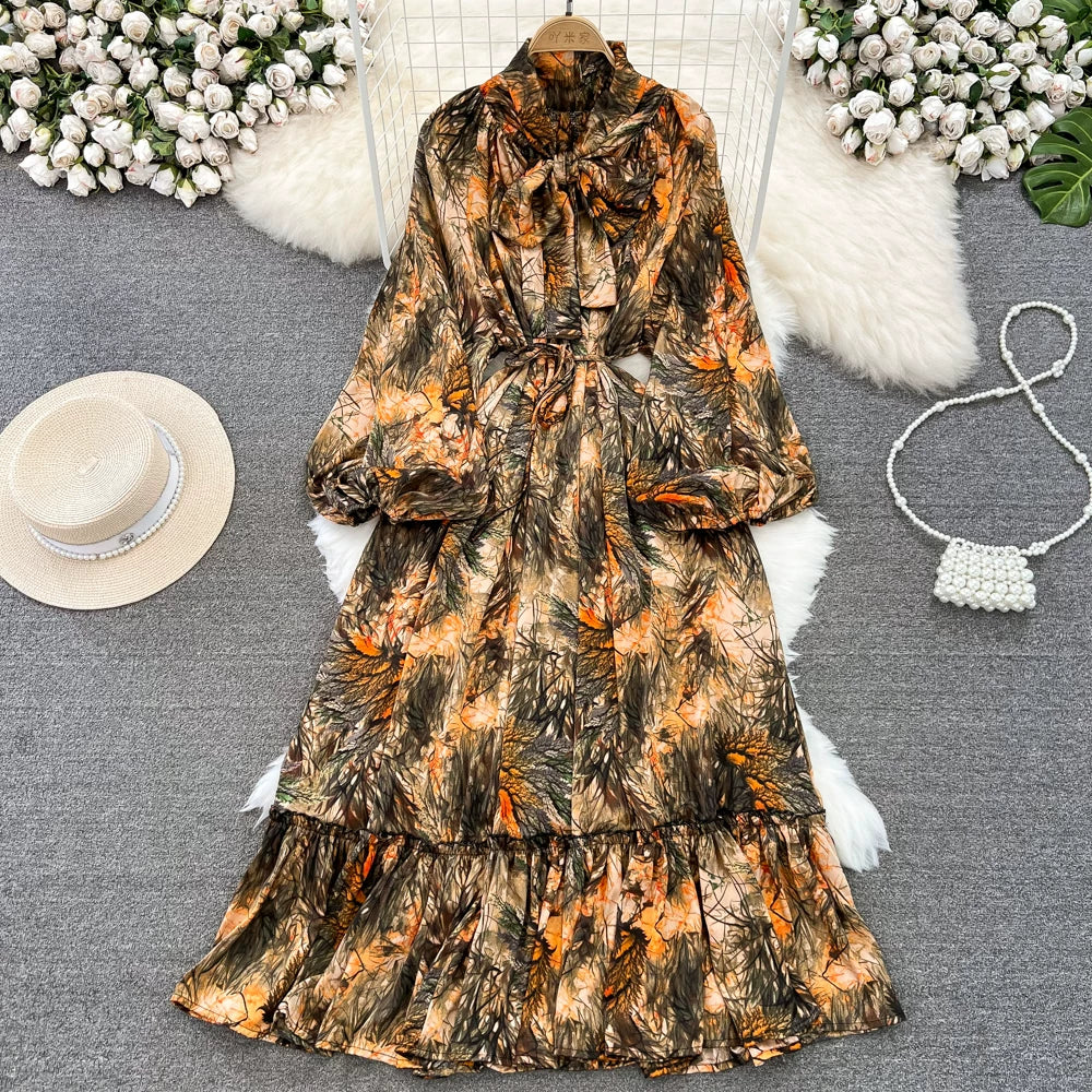 【60%OFF⭐️早い者勝ち】【ワンピース】リボン ウエストマーク Aライン フレア フリル プリント 長袖 ワンピース 【SHシリーズ】