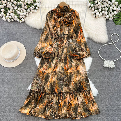 【60%OFF⭐️早い者勝ち】【ワンピース】リボン ウエストマーク Aライン フレア フリル プリント 長袖 ワンピース 【SHシリーズ】