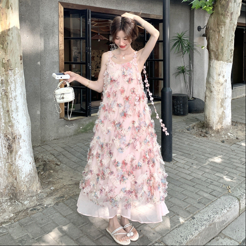 ワンピース】ピンクロマンチック風 立体フラワー花柄 ノースリーブ