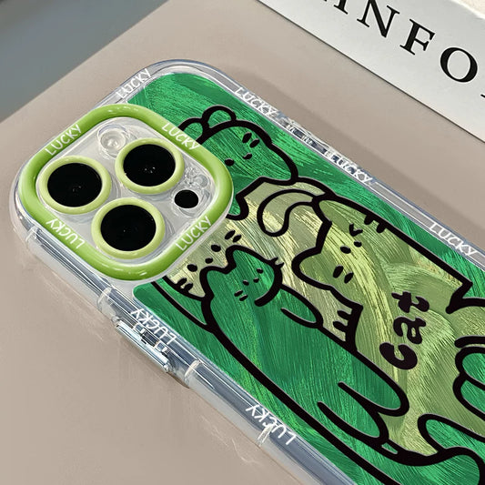 【グッズ】グリーンライン猫 × クリーム羽紗柄 カートゥーン クリアケース iPhone16 / 15 / 15 Pro Max / iPhone11  全面保護 耐衝撃 可愛い ケース