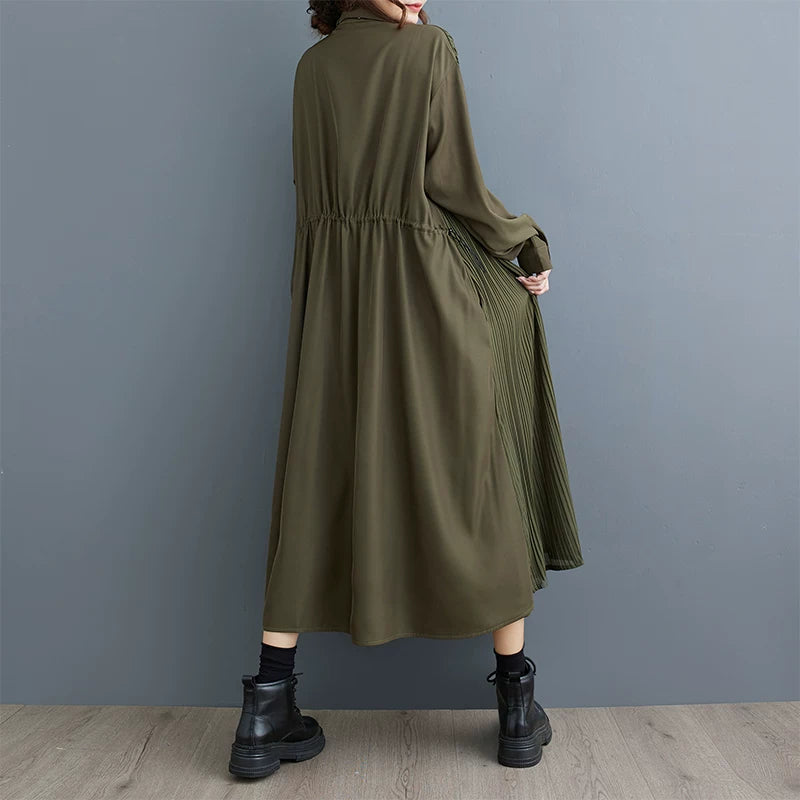 【ワンピース】ダーク系 無地 切替 プリーツ 長袖 シャツワンピース ゆるシルエット 垂れ感【AHシリーズ】