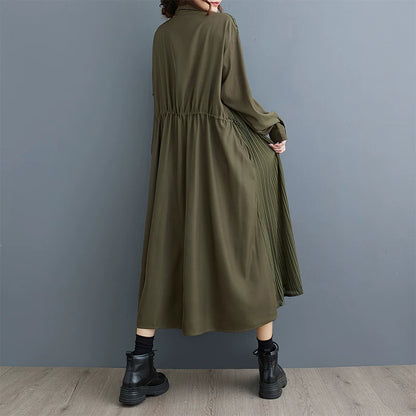 【ワンピース】ダーク系 無地 切替 プリーツ 長袖 シャツワンピース ゆるシルエット 垂れ感【AHシリーズ】