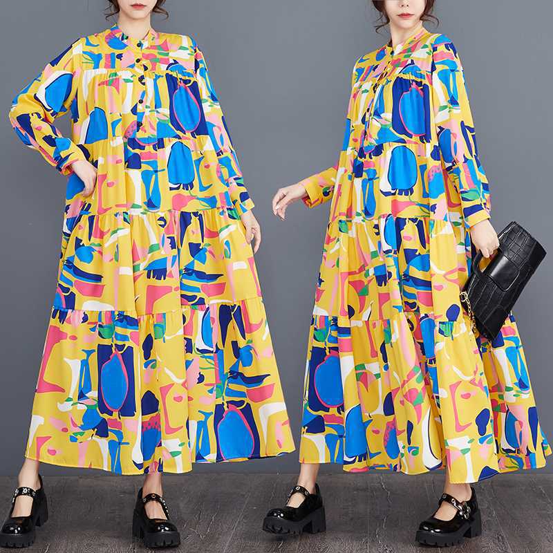 【ワンピース】春 秋 冬 花柄 ゆるリラックス  切り替え 長袖 ワンピース【SHシリーズ】