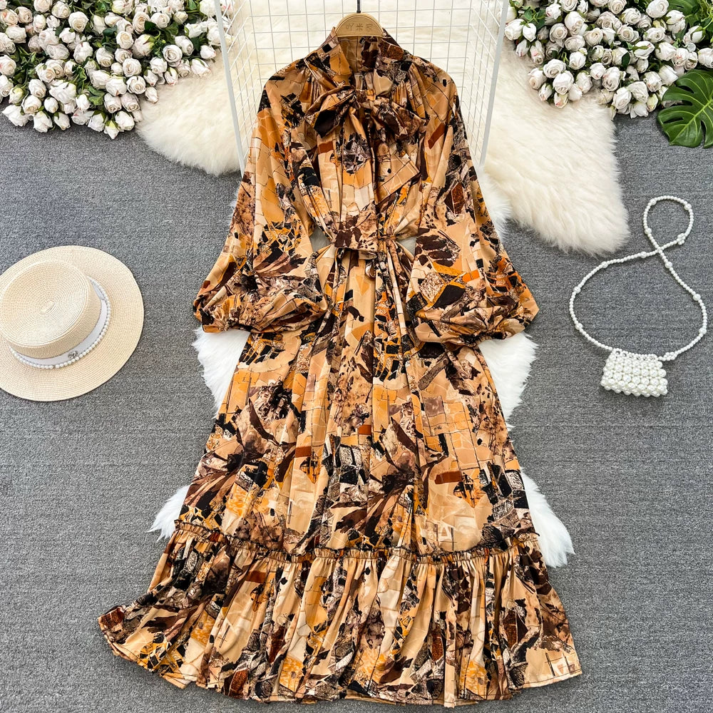 【60%OFF⭐️早い者勝ち】【ワンピース】リボン ウエストマーク Aライン フレア フリル プリント 長袖 ワンピース 【SHシリーズ】