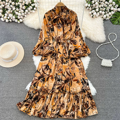 【60%OFF⭐️早い者勝ち】【ワンピース】リボン ウエストマーク Aライン フレア フリル プリント 長袖 ワンピース 【SHシリーズ】