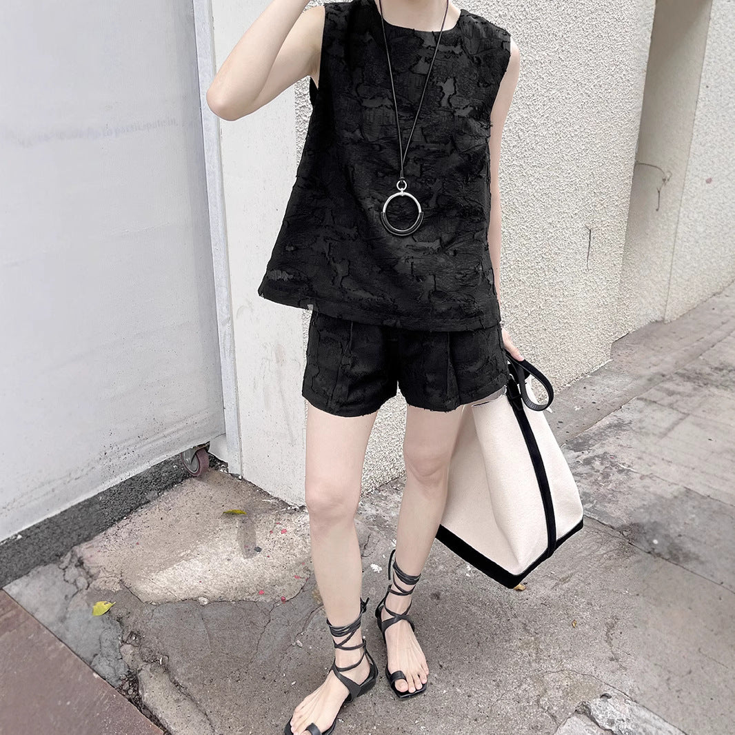 【セットアップ】夏 ジャカード おしゃれな ノースリーブ シャツ + ショートパンツ 2点上下セット 【JZシリーズ】