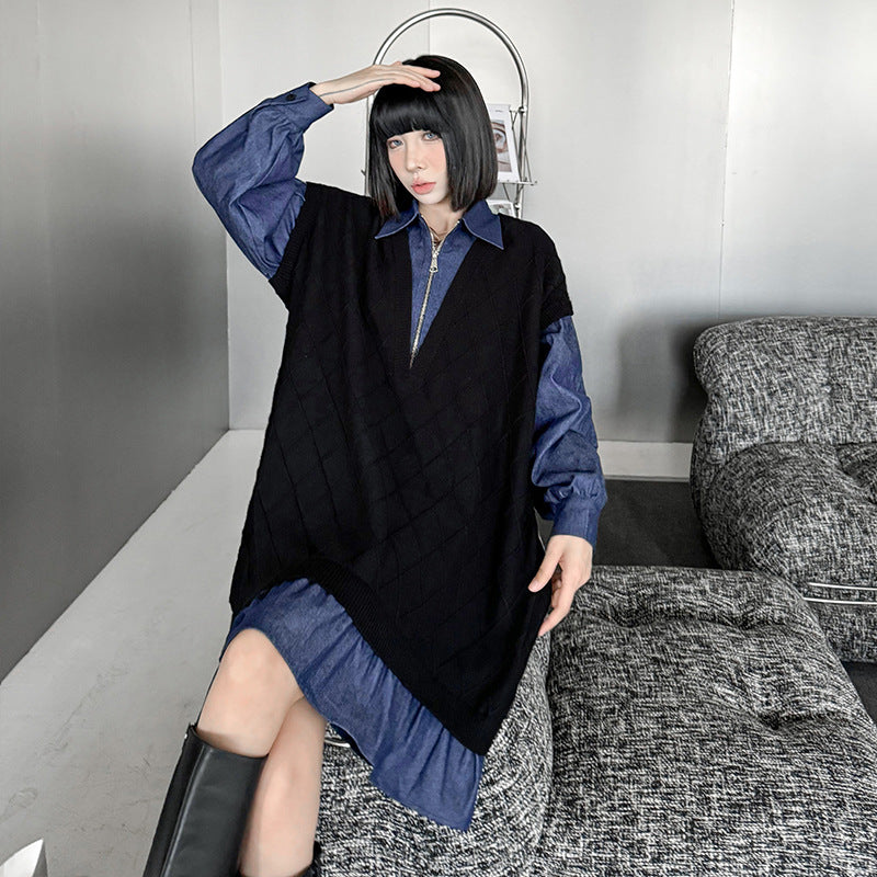 【ワンピース】デニム切り替えニットワンピース レディース 秋冬新作 ゆったりシルエット カジュアル長袖セーター ワンピース【AHシリーズ】