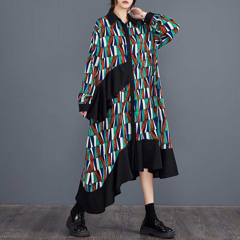 【ワンピース】大きいサイズ プリント 切替 長袖 シャツワンピース 春秋 体型カバー【SHシリーズ】