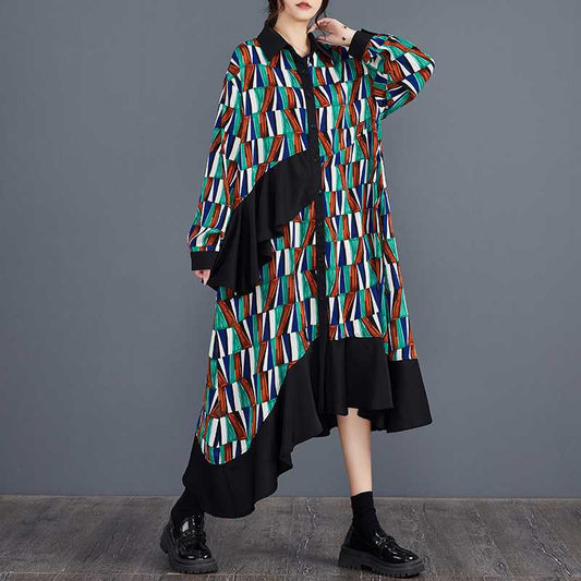 【ワンピース】大きいサイズ プリント 切替 長袖 シャツワンピース 春秋 体型カバー【SHシリーズ】